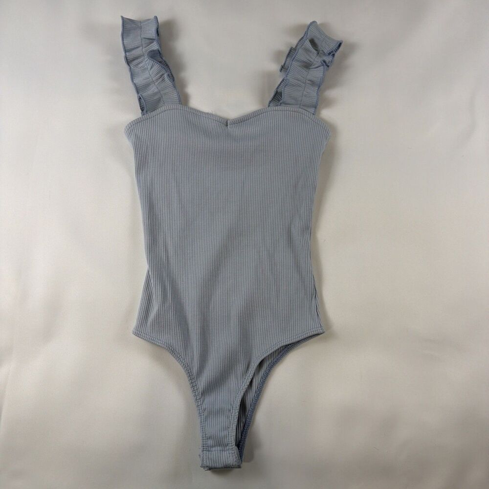 Blue Rain Ruffle Strap Blue Bodysuit One Piece Women's Size S Boho